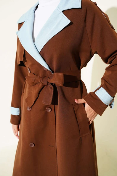 Kot Garnili Apoletli Trençkot Kahve - Resim 4