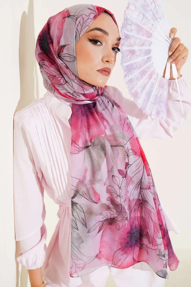 Lilyum Desen Ebruli Şal Kırmızı - Resim 2