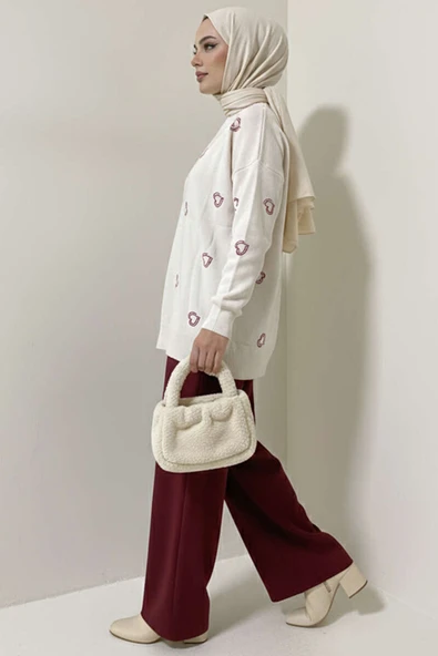 Kalp Nakışlı Triko Kazak Taş - 2