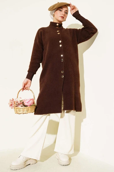 Metal Düğmeli Sakallı Hırka Kahve ürün görseli 1