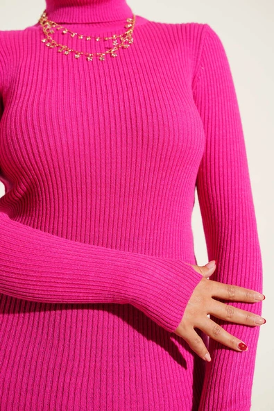 Balıkçı Yaka Parmak Geçirmeli Triko Kazak Fusya - Resim 4