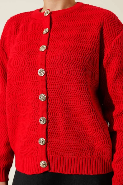 Zikzak Desenli Gold Düğmeli Triko Hırka Kırmızı - Resim 4