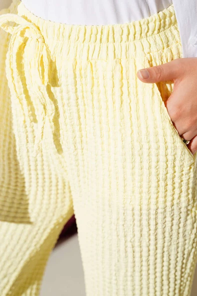 Beli Lastikli Gofre Pantolon Sarı - Resim 4