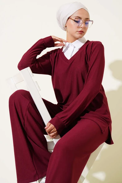 Gömlek Yaka Fitilli Salaş İkili Takım Bordo ürün görseli 1