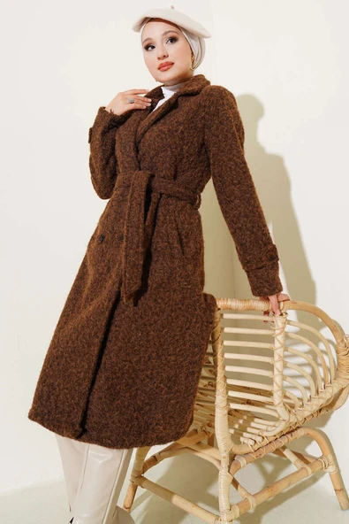 Kruvaze Yaka Kuşaklı Kaşe Kaban Taba - Resim 2