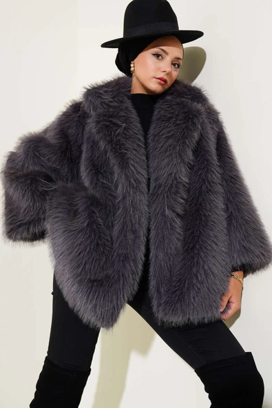 Düğmesiz Astarlı Kürk Füme - Resim 2