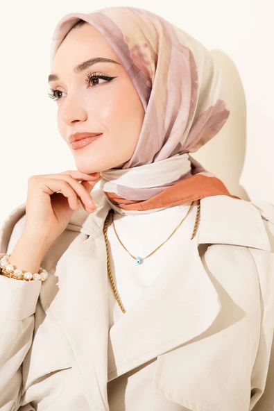 Çiçekli Şeritli Bambu Kraş Eşarp Camel - Resim 2