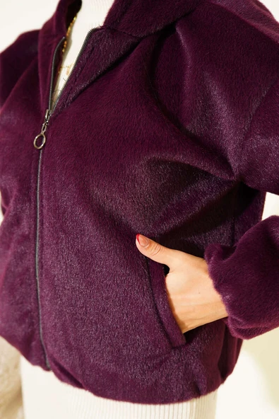 Kapüşonlu Kısa Kaşe Ceket Mürdüm - 4