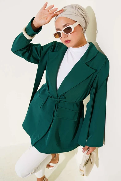 Omuz Pileli İp Bağcıklı Ceket Zümrüt ürün görseli 1