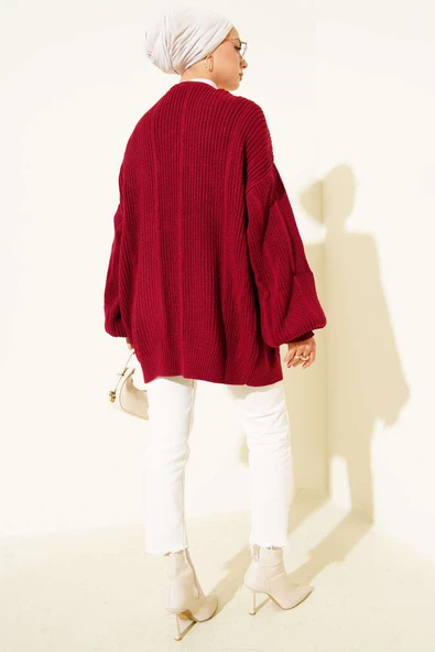 Saç Örgü Detaylı Hırka Bordo - Resim 3