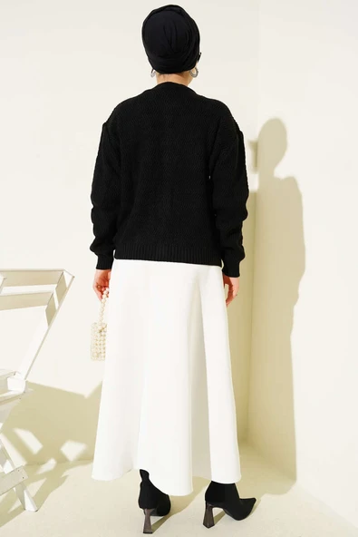 Zikzak Desenli Gold Düğmeli Triko Hırka Siyah - Resim 3