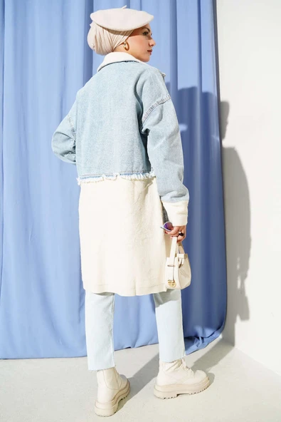 Gömlek Yakalı Uzun Kot Ceket  Açık Mavi - Resim 3