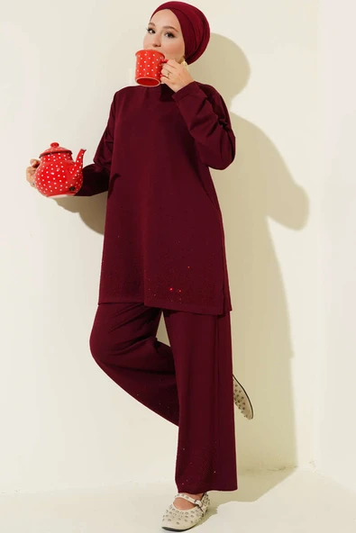 Loyşa Mini Taş Süslemeli İkili Takım Bordo ürün görseli 1