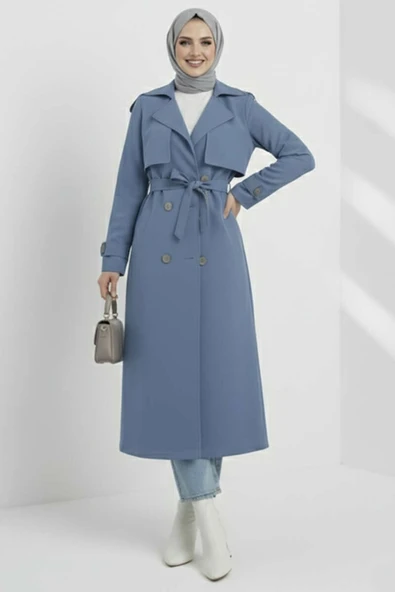 Kruvaze Pelerinli Kuşaklı Trençkot Mavi - Resim 2