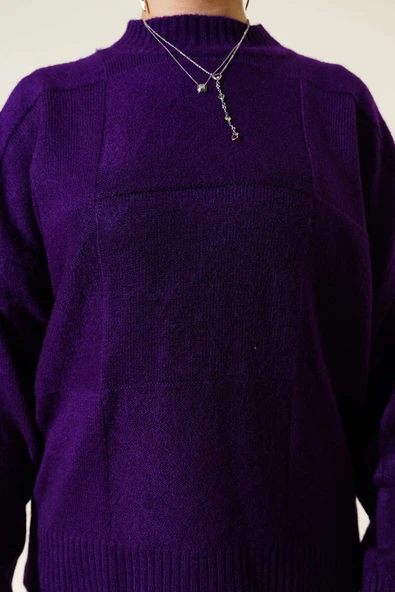 Kare Desenli Triko Kazak Mor - Resim 4