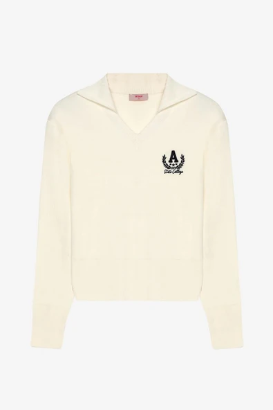 Quzu Gömlek Yaka Nakış Detaylı Kadın Triko Kazak - 2