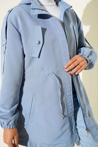 Bel Tünelli Kapüşonlu Trençkot Mavi - Resim 4