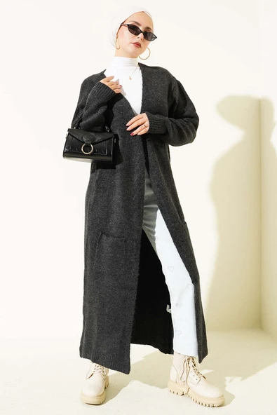 Cepli Uzun Triko Hırka Antrasit - Resim 2