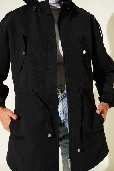 Bel Tünelli Kapüşonlu Trençkot Siyah - Resim 4