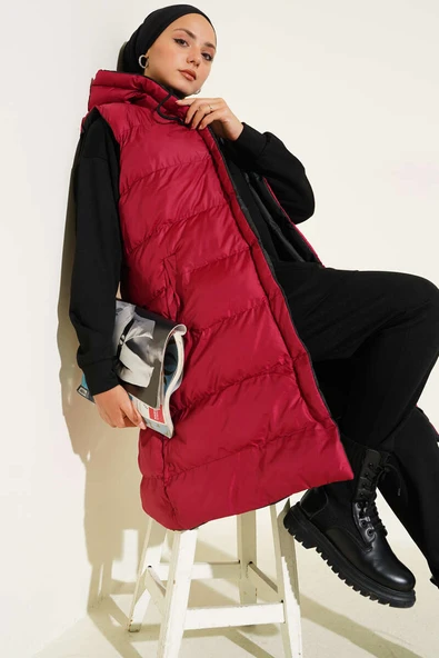 Çift Taraflı Fermuarlı Şişme Yelek Siyah Bordo ürün görseli