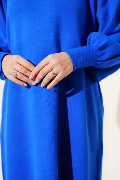 Balon Kol Triko Elbise Saks - Resim 4