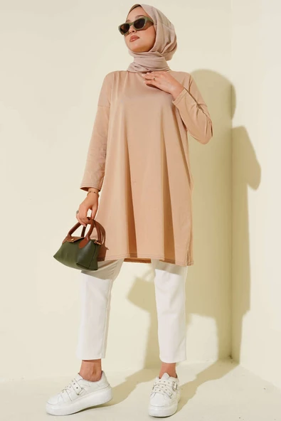 Yan Yırtmaçlı Basic Tunik Camel - Resim 2