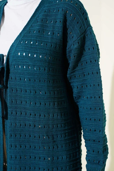 Bağcık Detaylı Uzun Triko Hırka Petrol - Resim 4