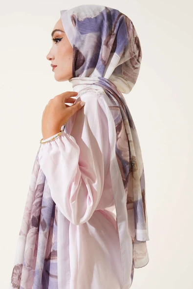 Gül Şerit Geçişli Şal Soft Bej - Resim 3