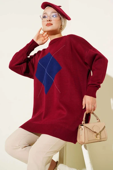 Baklava Çizgi Detaylı Triko Tunik Bordo ürün görseli 1