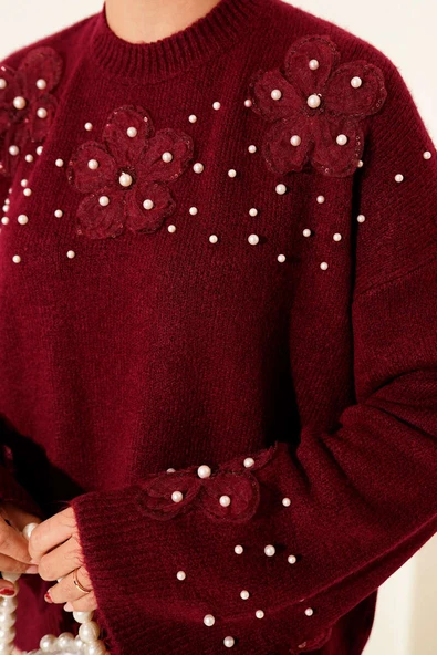 Çiçekli İnci İşlemeli Triko Kazak Bordo - Resim 4