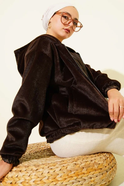 Kapüşonlu Kısa Kaşe Ceket Acı Kahve