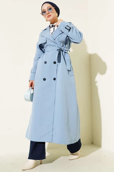 İçi Astarlı Kuşaklı Trençkot Mavi ürün görseli 1