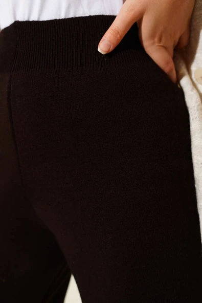 Bol Paça Triko Pantolon Kestane - Resim 4