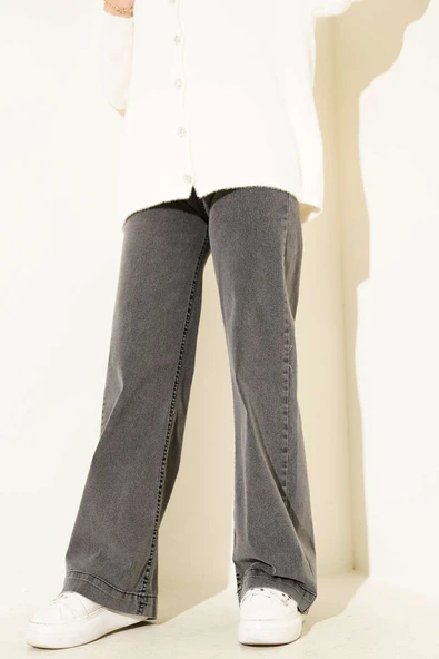 Önü Metal Düğmeli Bol Kot Pantolon Füme - Resim 2