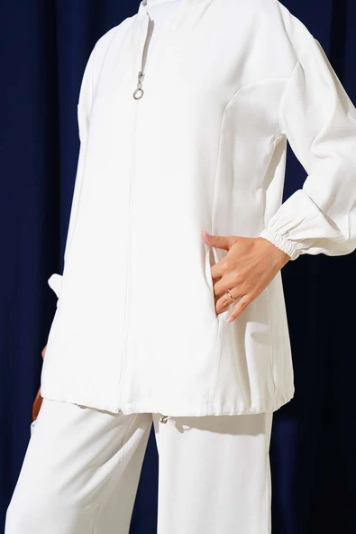 Bilek Lastikli Fermuarlı Tensel İkili Takım Beyaz - Resim 4