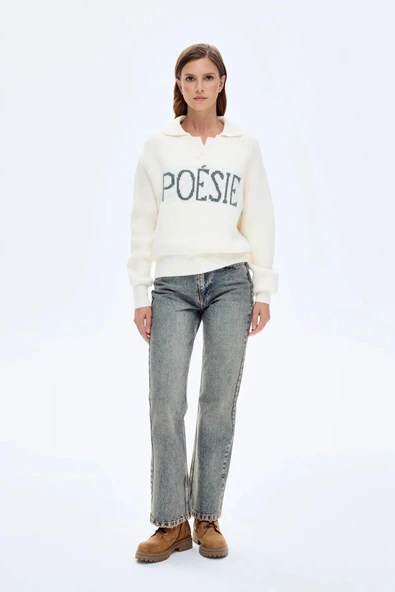 Quzu Yazı Detaylı Triko Kazak - Resim 4