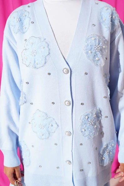 İnci Çiçek Detaylı İkili Triko Takım Mavi - Resim 4