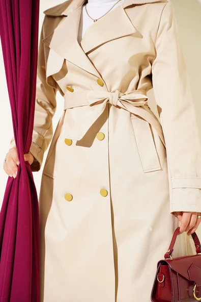 Tek Omuz Apoletli Kruvaze Trençkot Bej - Resim 4