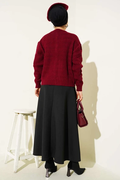 Zikzak Desenli Gold Düğmeli Triko Hırka Bordo - Resim 3