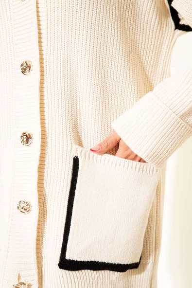 Cepli Gold Düğmeli Triko Hırka Bej - Resim 4