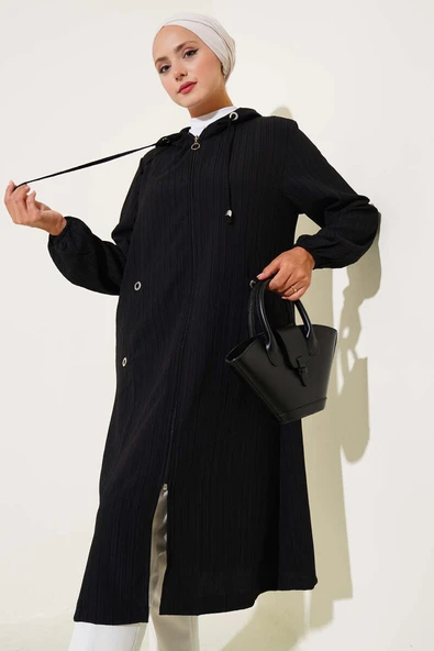 Kapüşonlu Cepli Ağaç Kabuğu Kap Siyah - Resim 2