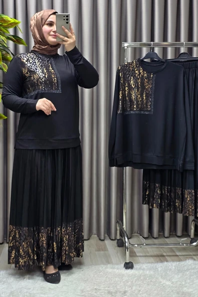 Kadın Tesettür Giyim Büyük Beden Pileli Leopar Desenli Etekli Takım - 5