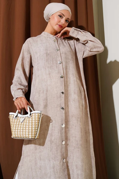 Metal Düğmeli Cepli Uzun Gömlek Bej - Resim 2