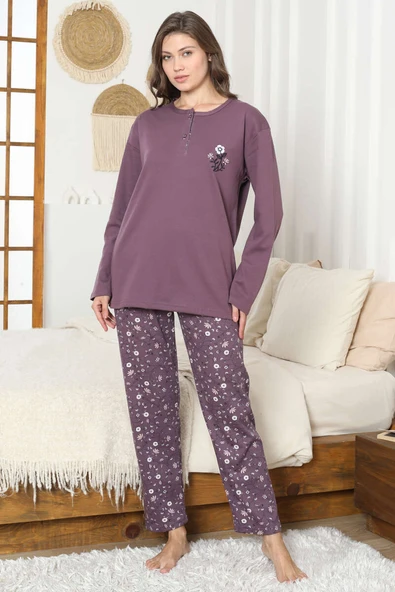 Çiçek Nakış Detaylı İnterlok Pijama Takımı Mürdüm ürün görseli 1