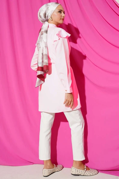 Omuz Fırfırlı Şeritli Kuşaklı Gömlek Toz Pembe - Resim 3