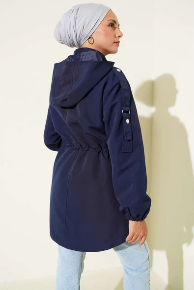 Bel Tünelli Kapüşonlu Trençkot Lacivert - Resim 3