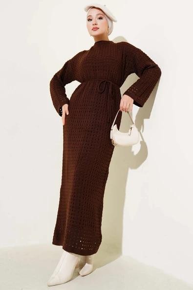 Ajurlu İp Kuşaklı Triko Elbise Kahve ürün görseli 1