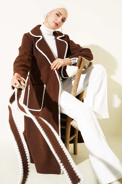 Midye Dikişli Kuşaklı Kaşe Kaban Kahve