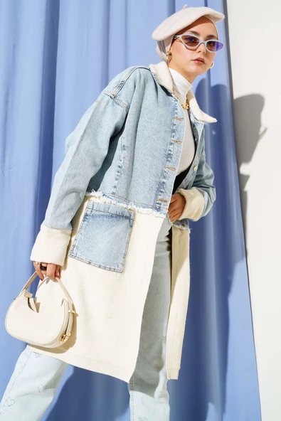 Gömlek Yakalı Uzun Kot Ceket  Açık Mavi ürün görseli 1