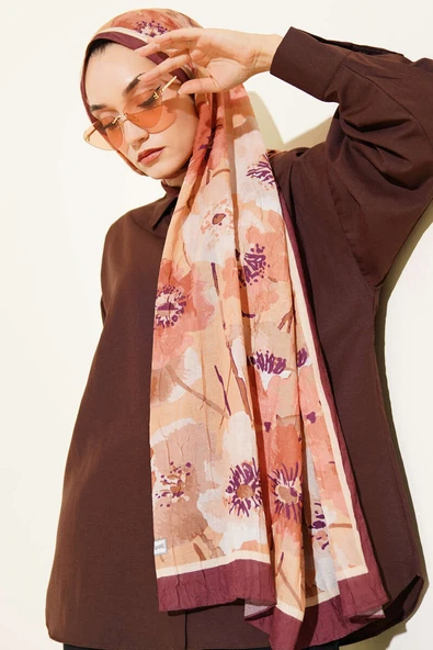 Çiçek Desenli Soft Bambu Kraş Şal Kahve - Resim 2